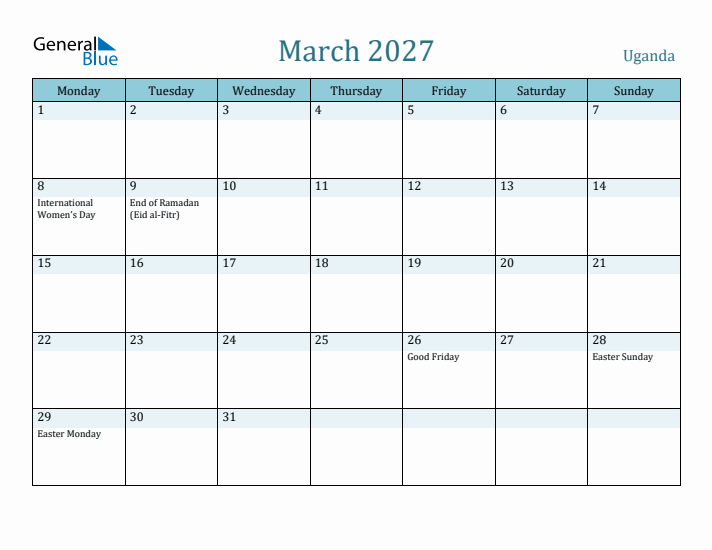 March 2027 Calendar with Holidays