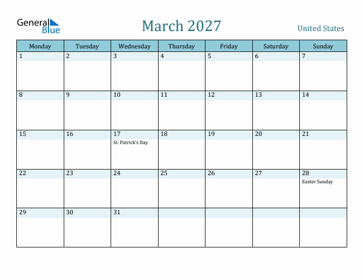 March 2027 Calendar with Holidays