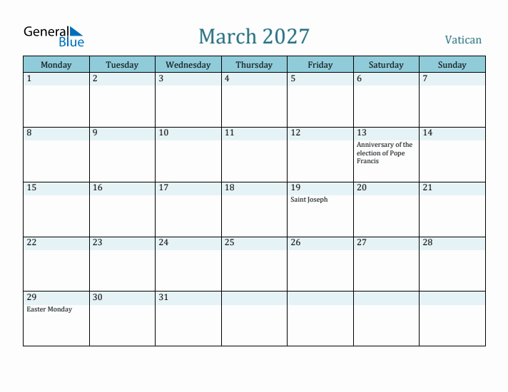 March 2027 Calendar with Holidays