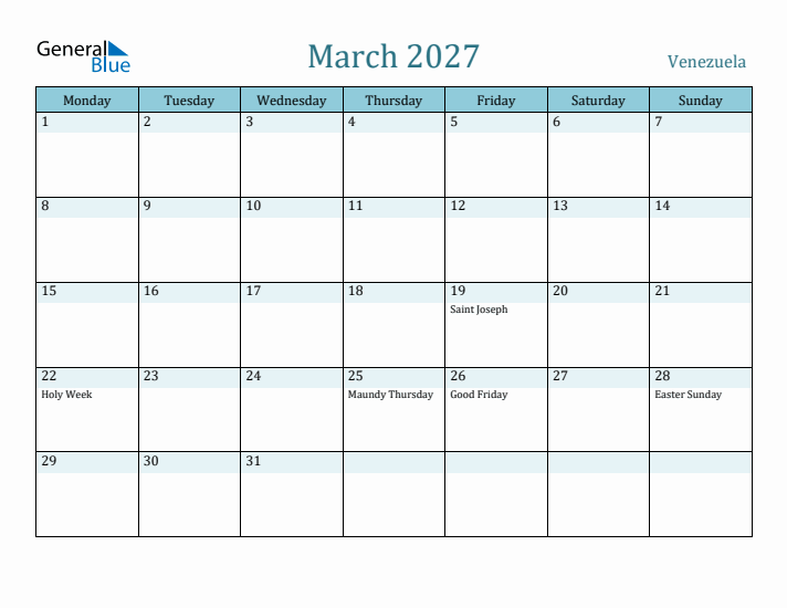 March 2027 Calendar with Holidays