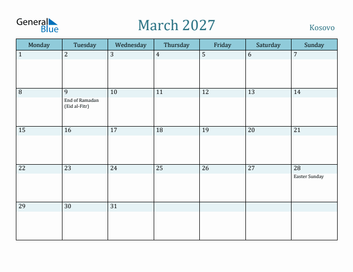 March 2027 Calendar with Holidays