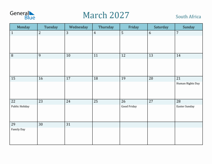 March 2027 Calendar with Holidays