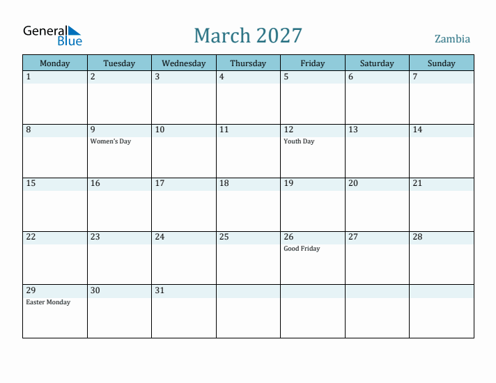 March 2027 Calendar with Holidays