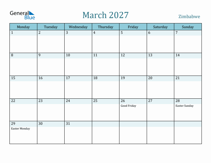 March 2027 Calendar with Holidays