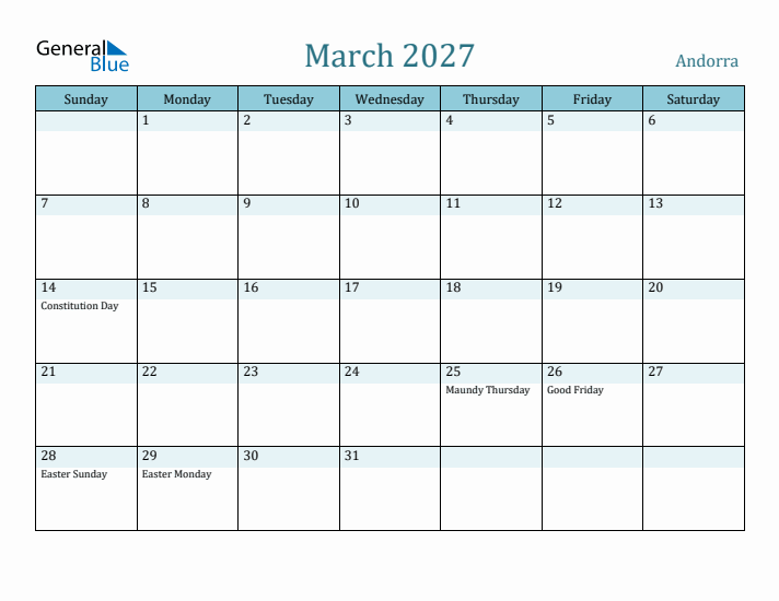 March 2027 Calendar with Holidays