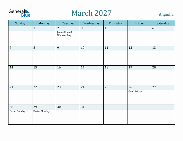 March 2027 Calendar with Holidays