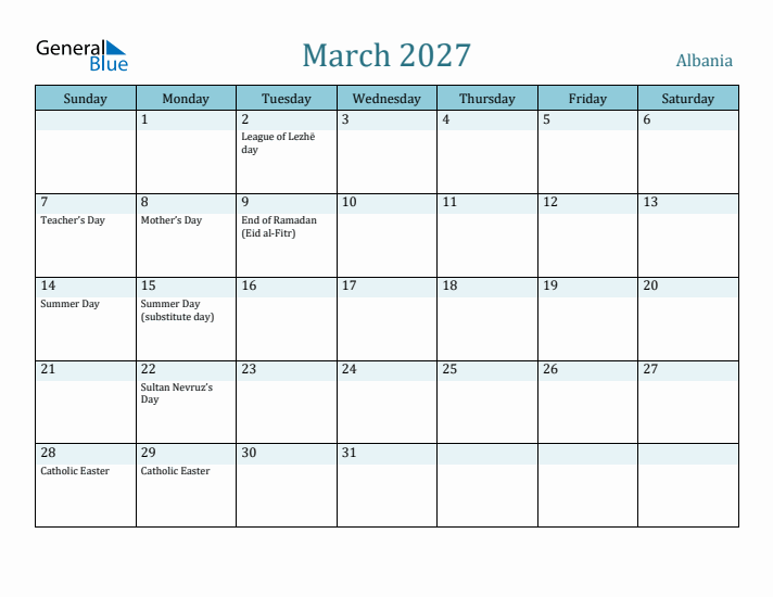 March 2027 Calendar with Holidays