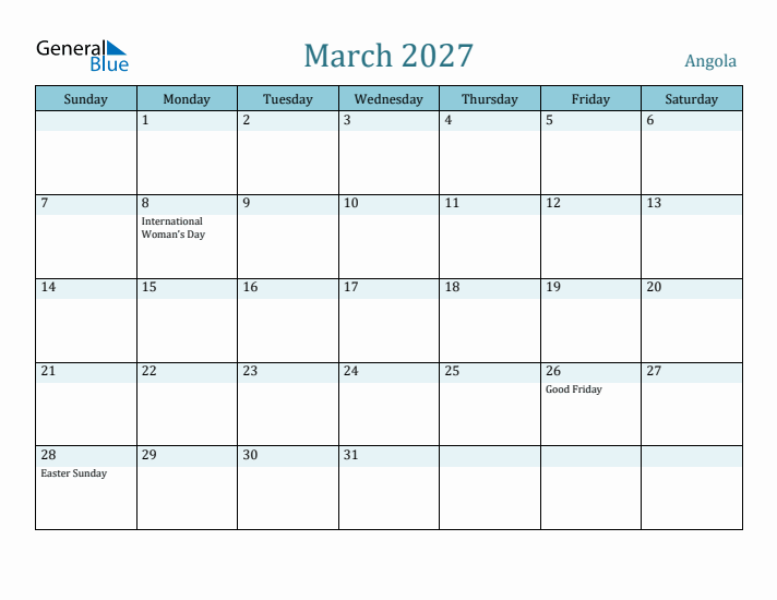 March 2027 Calendar with Holidays