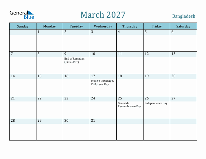 March 2027 Calendar with Holidays