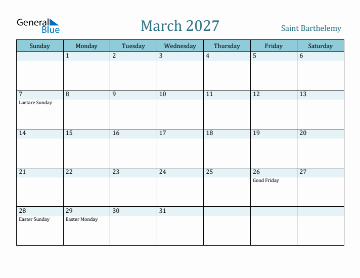 March 2027 Calendar with Holidays