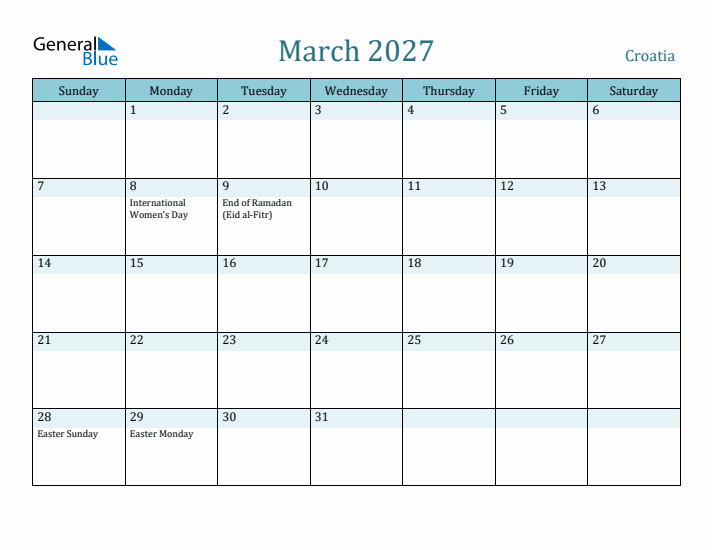 March 2027 Calendar with Holidays