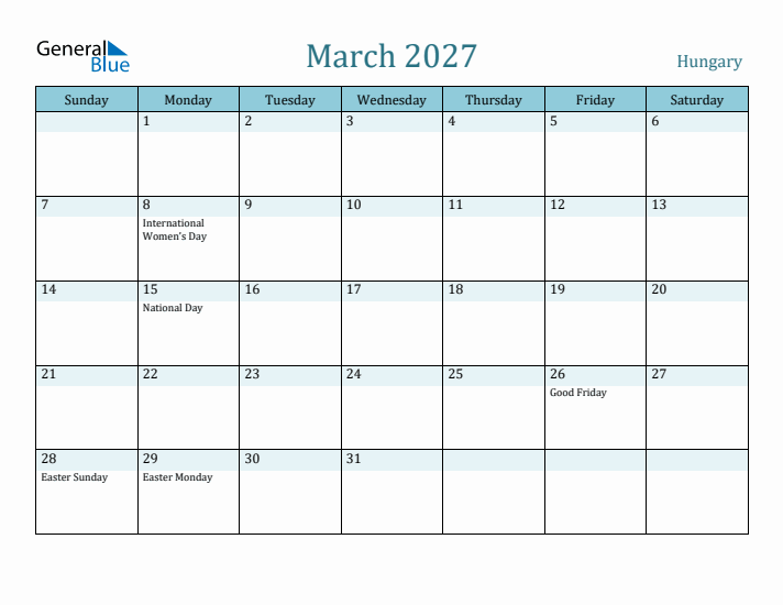 March 2027 Calendar with Holidays