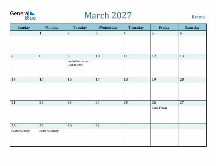 March 2027 Calendar with Holidays