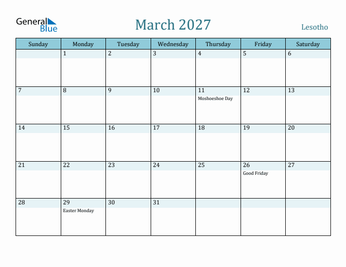 March 2027 Calendar with Holidays