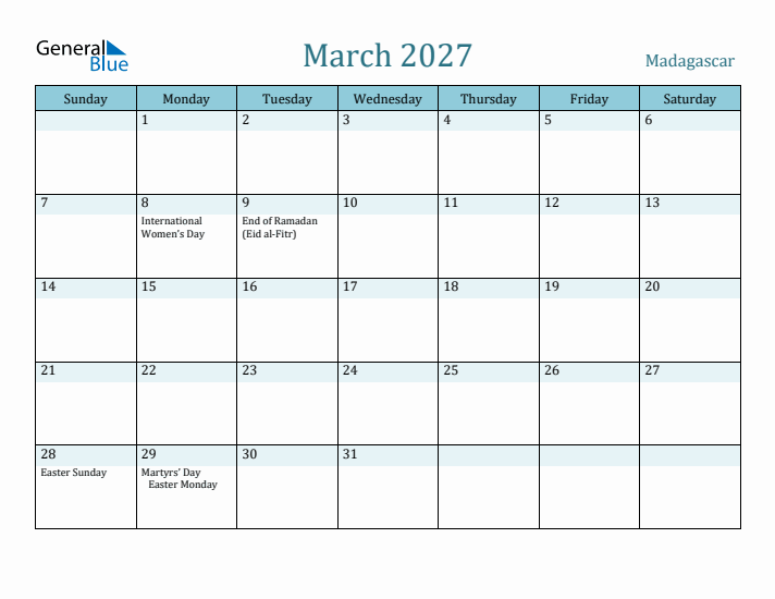 March 2027 Calendar with Holidays