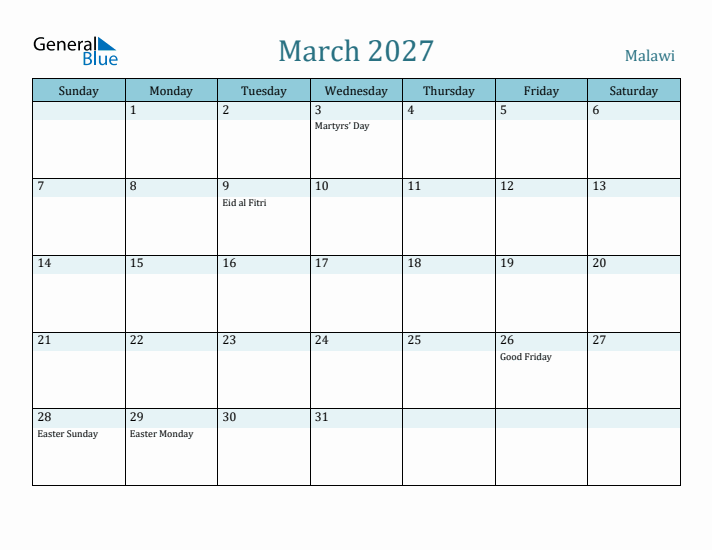 March 2027 Calendar with Holidays