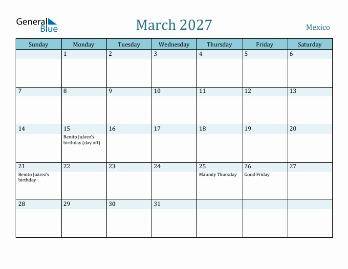 March 2027 Calendar with Holidays