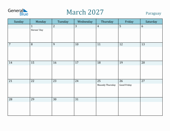 March 2027 Calendar with Holidays