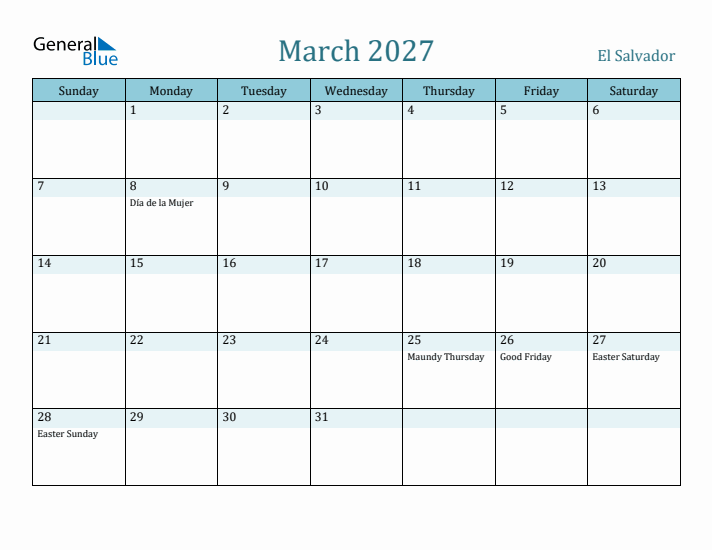 March 2027 Calendar with Holidays