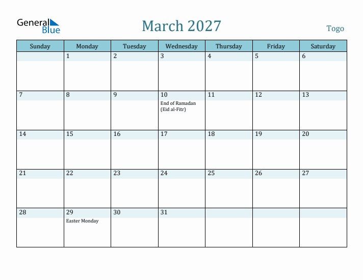 March 2027 Calendar with Holidays