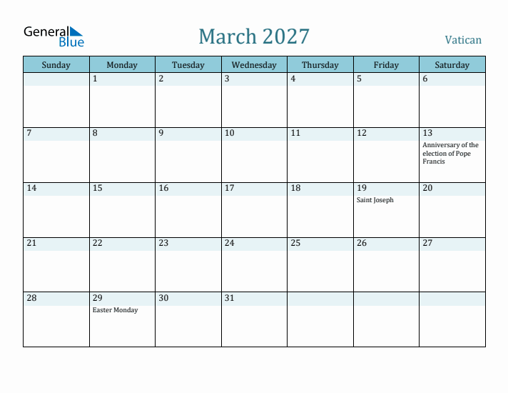 March 2027 Calendar with Holidays