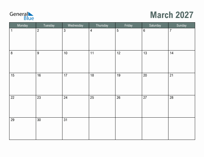 Free Printable March 2027 Calendar