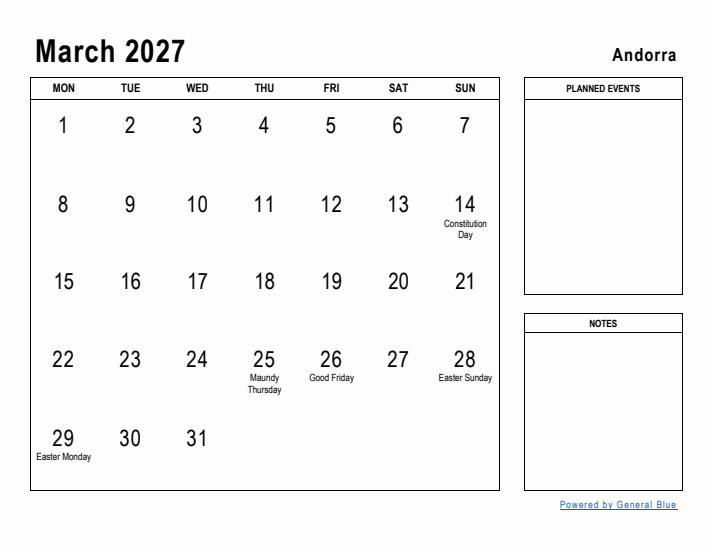 March 2027 Printable Monthly Calendar with Andorra Holidays