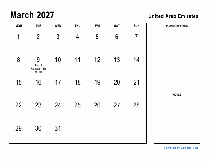 March 2027 Printable Monthly Calendar with United Arab Emirates Holidays