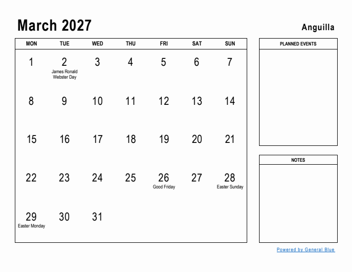 March 2027 Printable Monthly Calendar with Anguilla Holidays