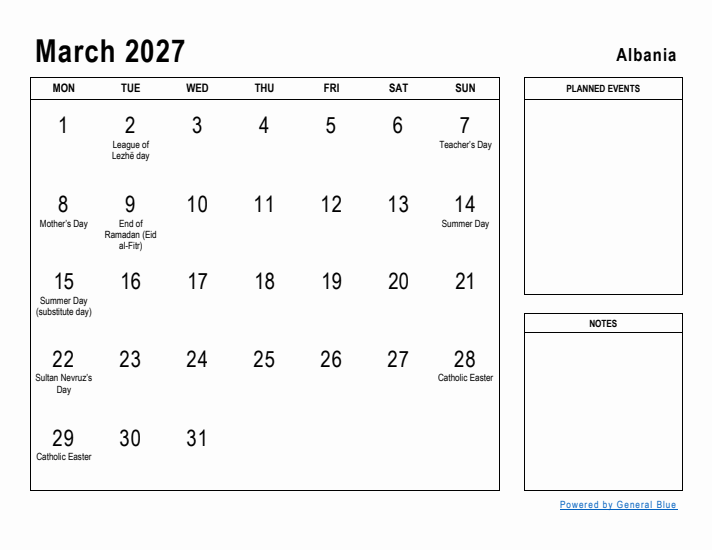 March 2027 Printable Monthly Calendar with Albania Holidays