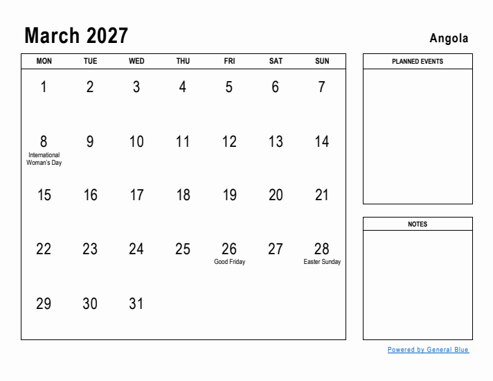 March 2027 Printable Monthly Calendar with Angola Holidays