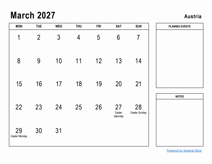 March 2027 Printable Monthly Calendar with Austria Holidays