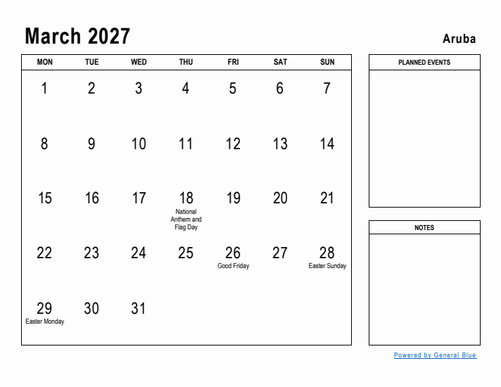 March 2027 Printable Monthly Calendar with Aruba Holidays