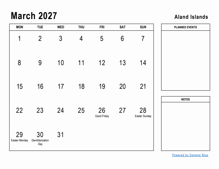 March 2027 Printable Monthly Calendar with Aland Islands Holidays