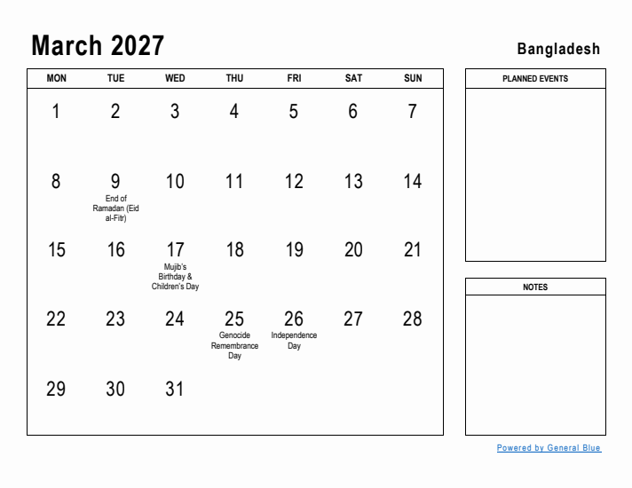 March 2027 Printable Monthly Calendar with Bangladesh Holidays