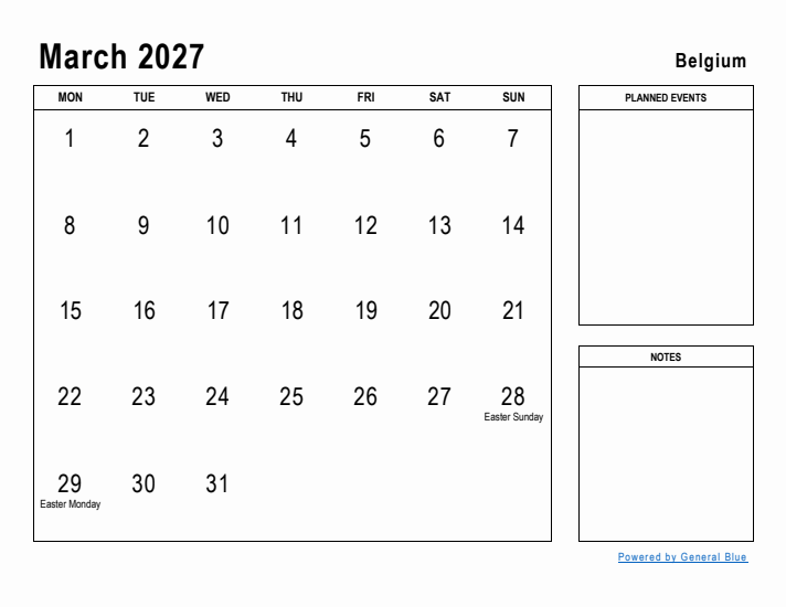 March 2027 Printable Monthly Calendar with Belgium Holidays