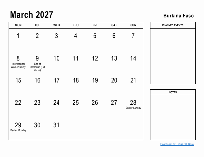 March 2027 Printable Monthly Calendar with Burkina Faso Holidays