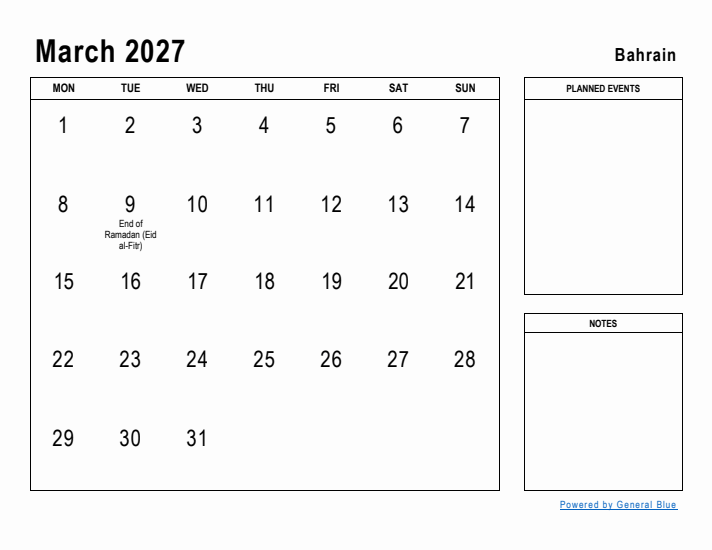 March 2027 Printable Monthly Calendar with Bahrain Holidays