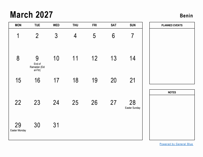 March 2027 Printable Monthly Calendar with Benin Holidays