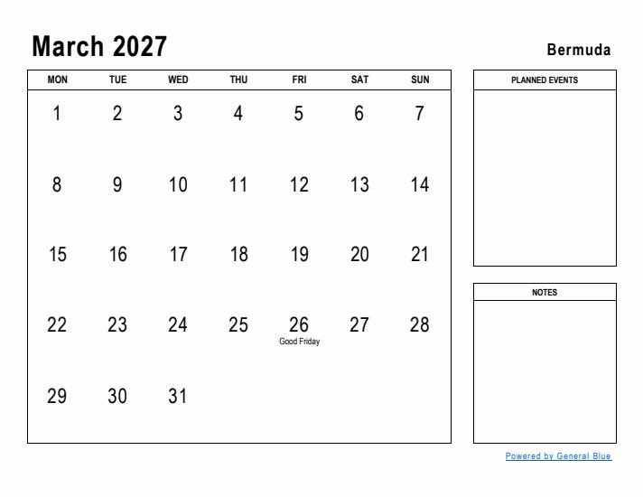 March 2027 Printable Monthly Calendar with Bermuda Holidays