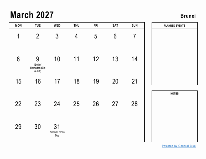 March 2027 Printable Monthly Calendar with Brunei Holidays