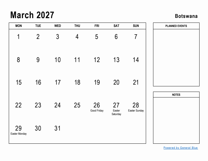 March 2027 Printable Monthly Calendar with Botswana Holidays