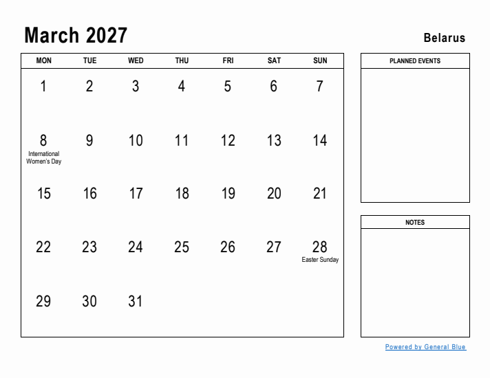 March 2027 Printable Monthly Calendar with Belarus Holidays