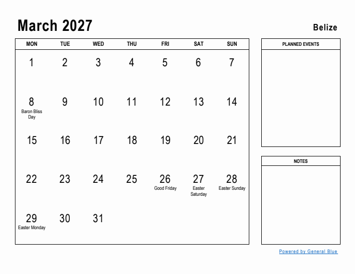 March 2027 Printable Monthly Calendar with Belize Holidays