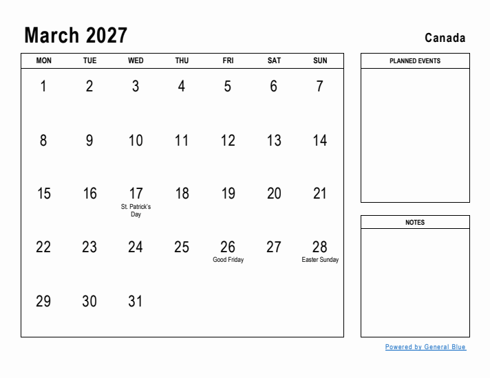 March 2027 Printable Monthly Calendar with Canada Holidays