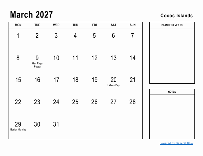 March 2027 Printable Monthly Calendar with Cocos Islands Holidays