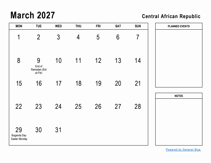 March 2027 Printable Monthly Calendar with Central African Republic Holidays