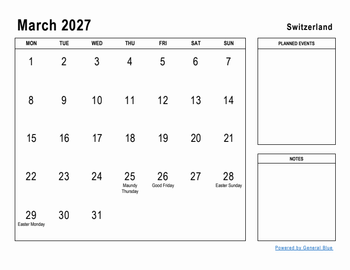 March 2027 Printable Monthly Calendar with Switzerland Holidays