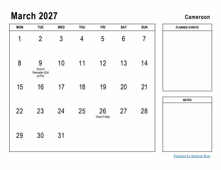 March 2027 Printable Monthly Calendar with Cameroon Holidays