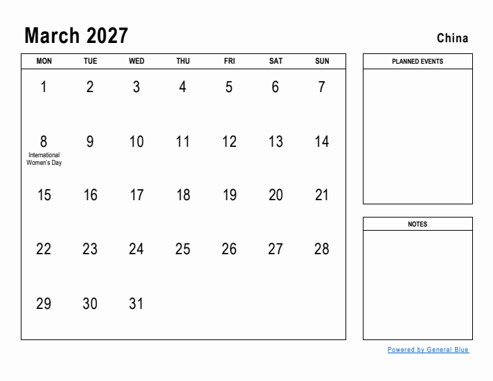 March 2027 Printable Monthly Calendar with China Holidays